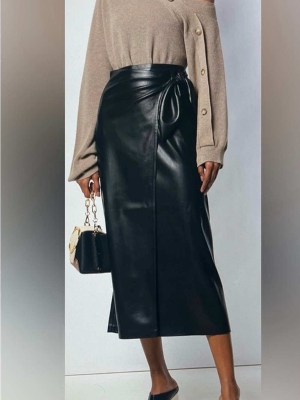 NWT Mango Black Vegan Leather Wrap Midi Skirt Side Knot Pareo High Waist